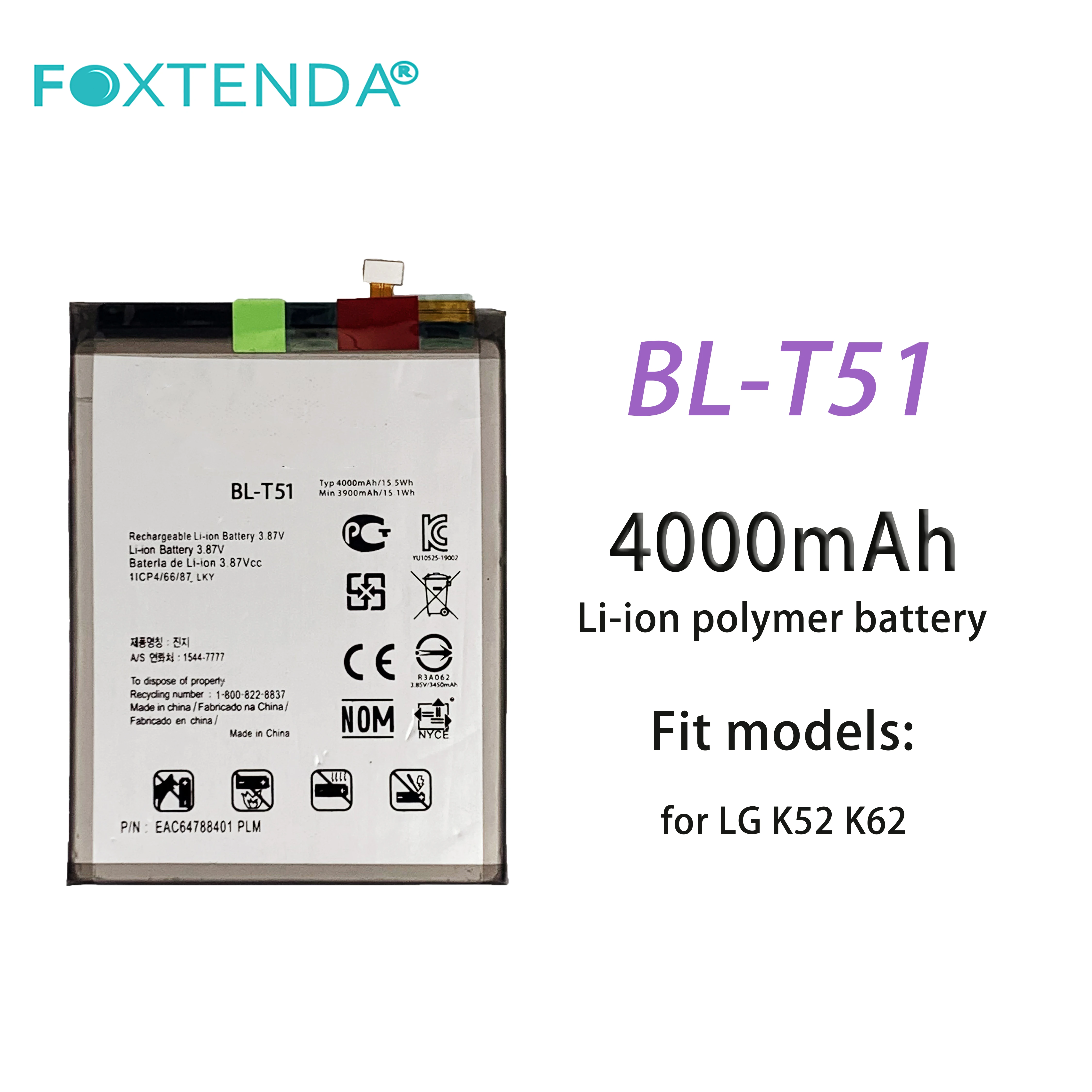 Original capacity cellphone rechargeable Li-ion battery 4000mAh 3.87V 55.9g BL-T51 For LG K52 K62 digital battery