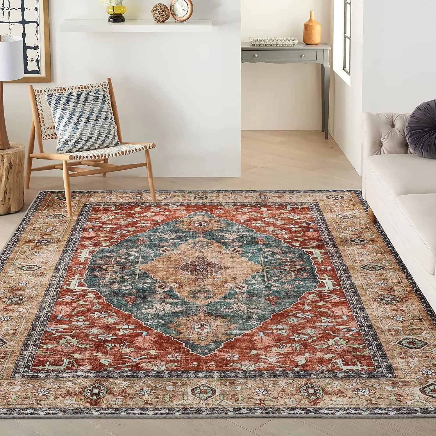 Area Rug 3x5 - Stain Resistant Lightweight machine Washable Anti-Skid  for Living Room Boho Persian (Orange/Red