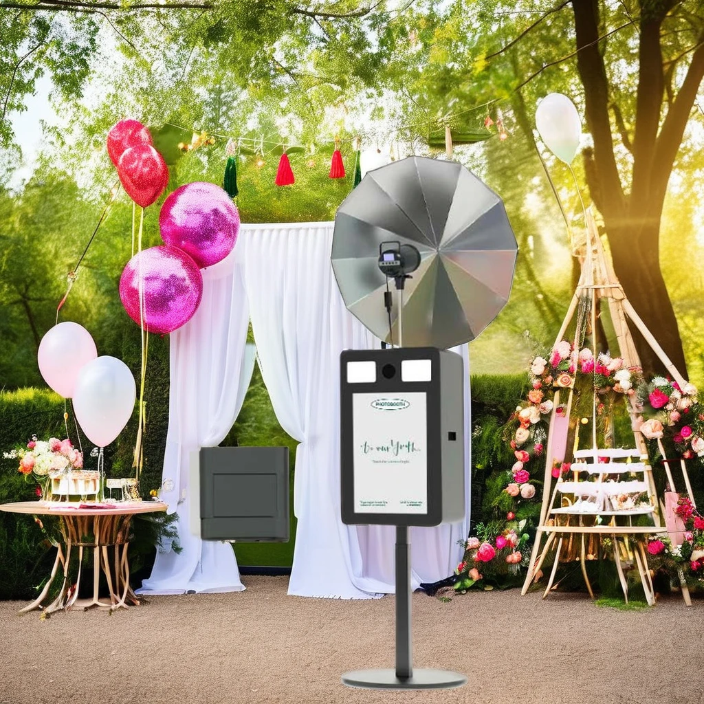 Oval DSLR iPad Mirror Photo Booth Selfie Kiosk with Flash and Umbrella Event Photobooth Shell Packed in Flight Case