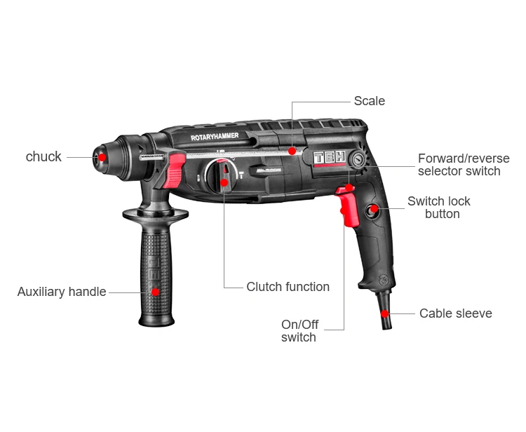 TEH Multifunction Mode Selector Impact Energy Powerful Bulldog Rotary Hammer SDS Plus Drill