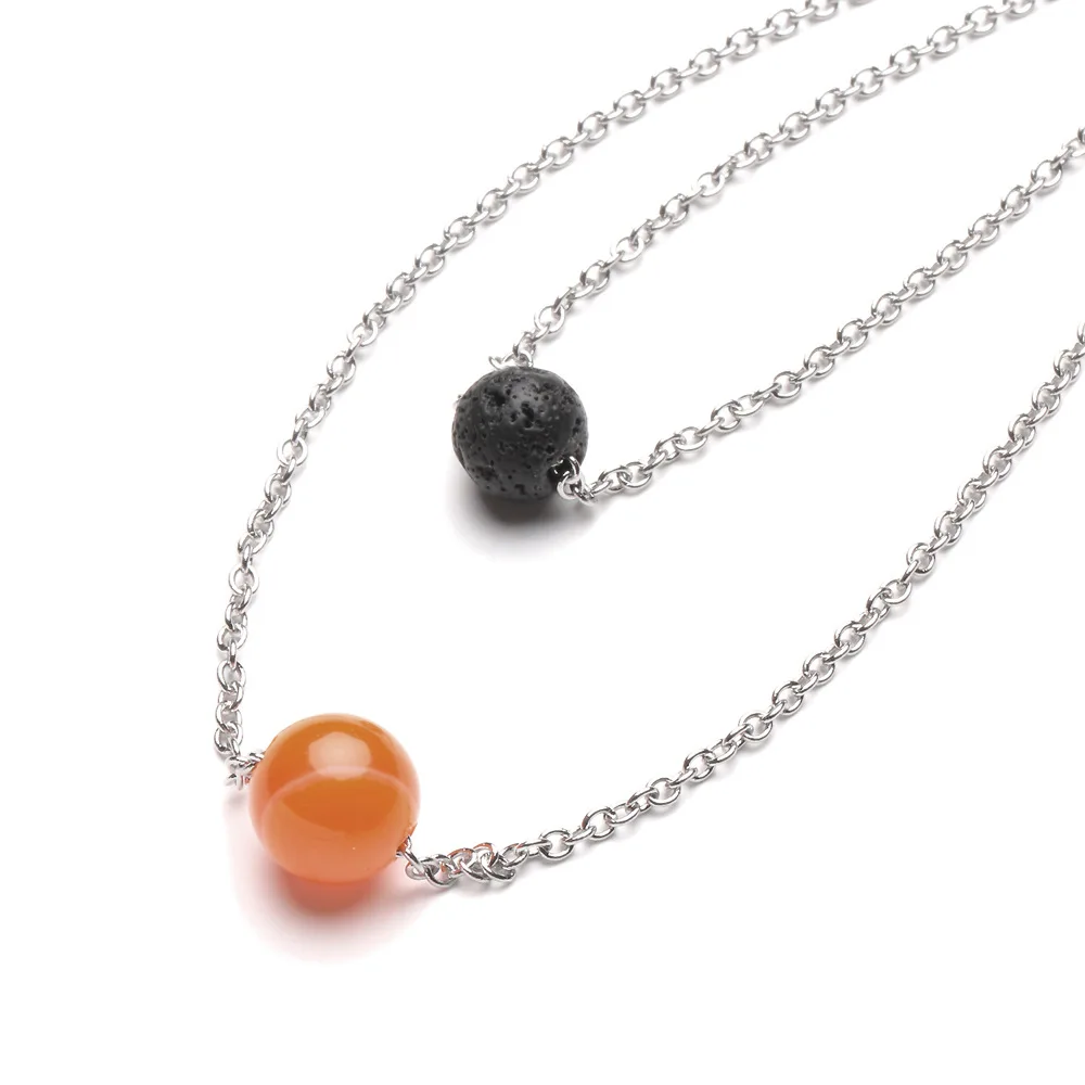 Fashion Gemstone 10mm Natural Stone Beads Stainless Steel Alloy Silver Pendant Necklace Chain Necklace Jewelry For Women Men