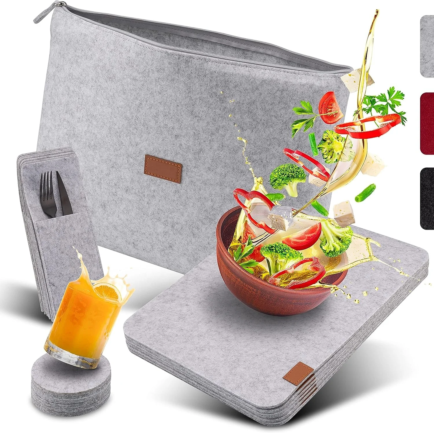 19 Pack Light Grey Felt Zip Pocket Packed Rectangle Felt Placemats with Round Felt Coasters and Cutlery Bag for Dining Table