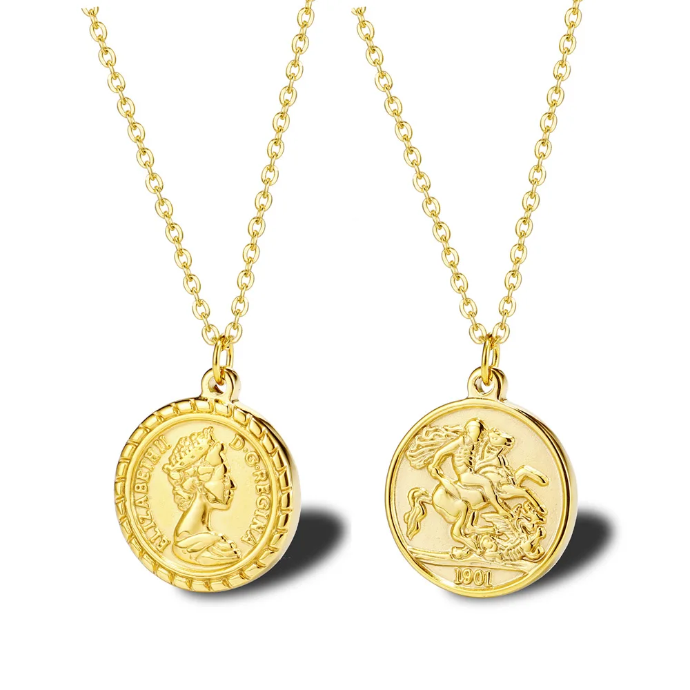 Coin Necklace 18k Gold Plated Vintage Textured Medallion Coin Pendant Round Circle Disk Dainty Necklace for Women