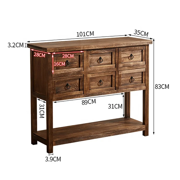wholesale vintage wooden sideboard handmade 100cm solid wood living room console tv cabinet with 6 drawer