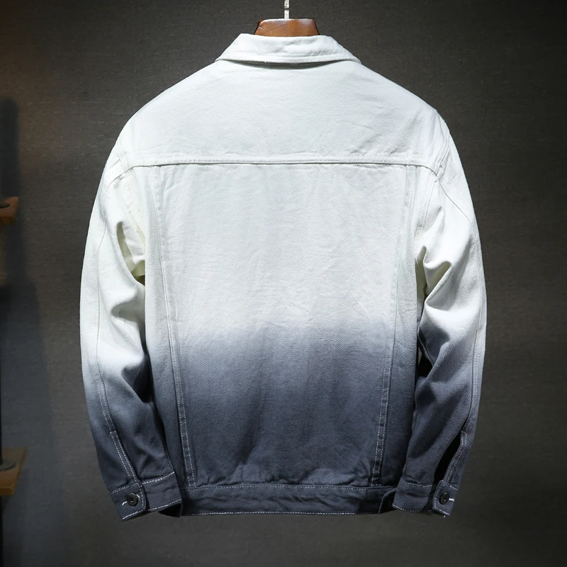 New Denim Jacket Hip Hop Streetwear Fashion Loose Men Gradient Red Blue Black White Design Jeans Jacket