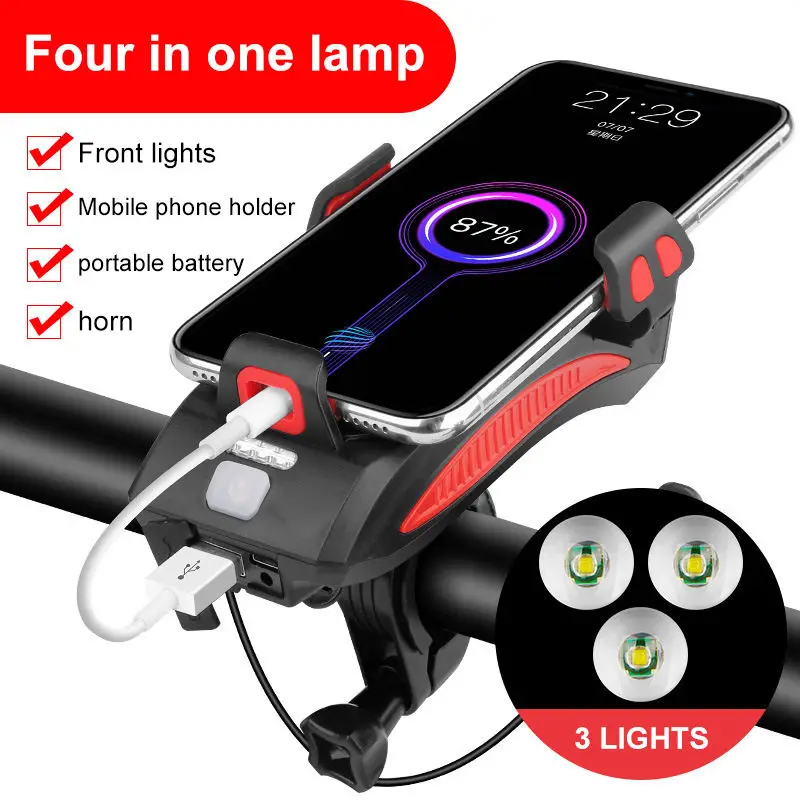 Bike Front Bracket Horn Mobilephone Holder Warning Bell Powerbanks MTB Bike Flashlight USB Rechargeable Cycling Accessories