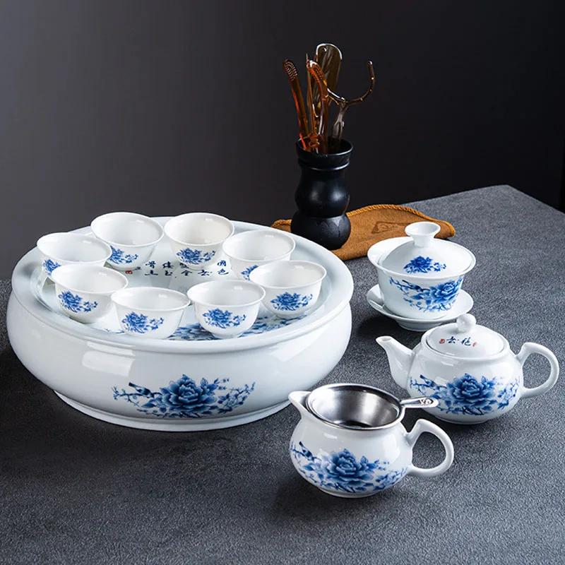 ethiopian customized chinese blue white flower portable ceramic gongfu tea set  with one tray one teapot eight tea cup