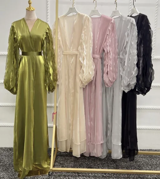 PROMISTAR Pink Silk Open Abaya Adults Simple Style Prayer Use Women Polarized Modest Muslim Dress