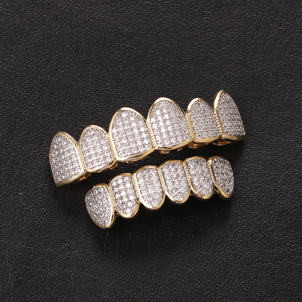 Iced Out Micro Pave CZ Teeth Grillz Top and Bottom Set 18k Gold Crystal Teeth Grills For Men Rapper Jewelry Wholesale
