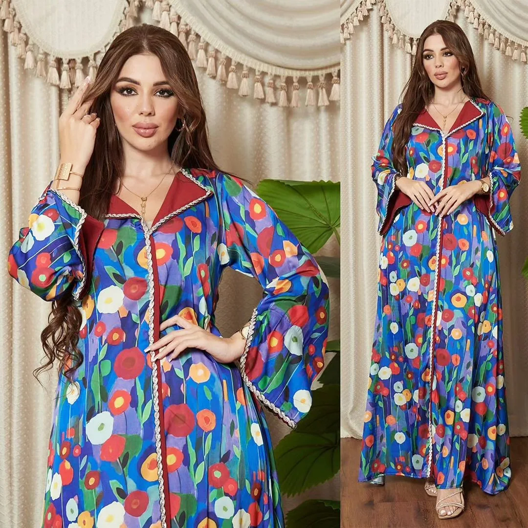 Wholesale Jalabiya Closed Abaya Muslim Clothing Turkey Floral Islamic Long Sleeve Kaftan Dress Women Dubai Abaya