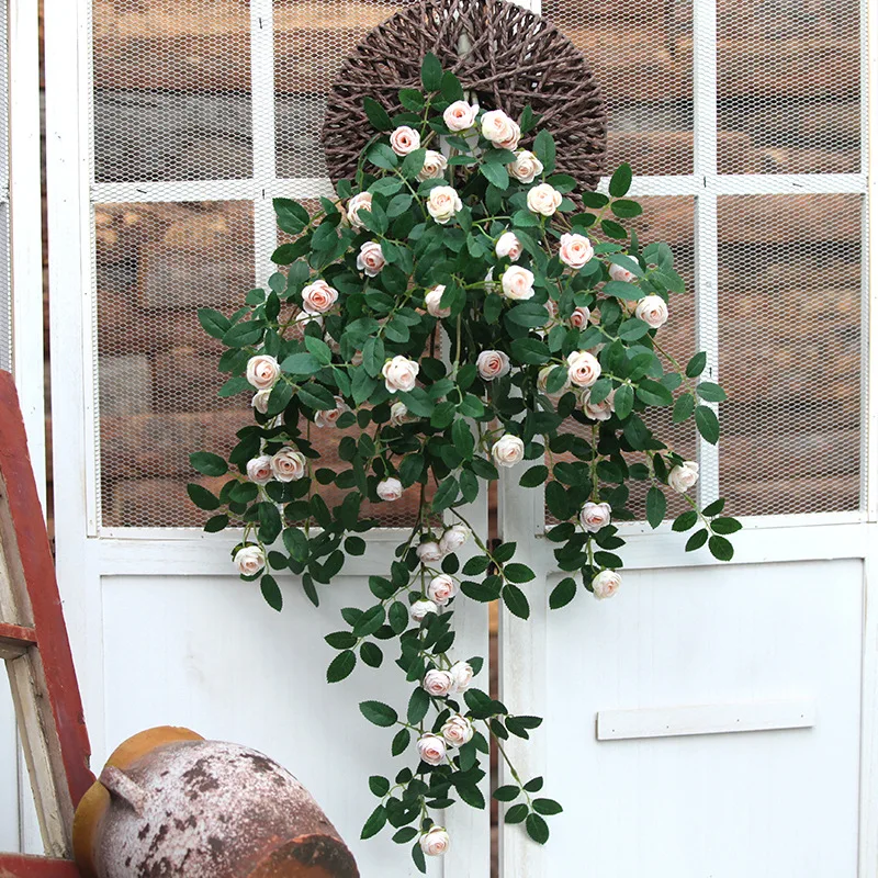 SYZ061 full blossom plastic green vines with silk roses for wedding hall decoration