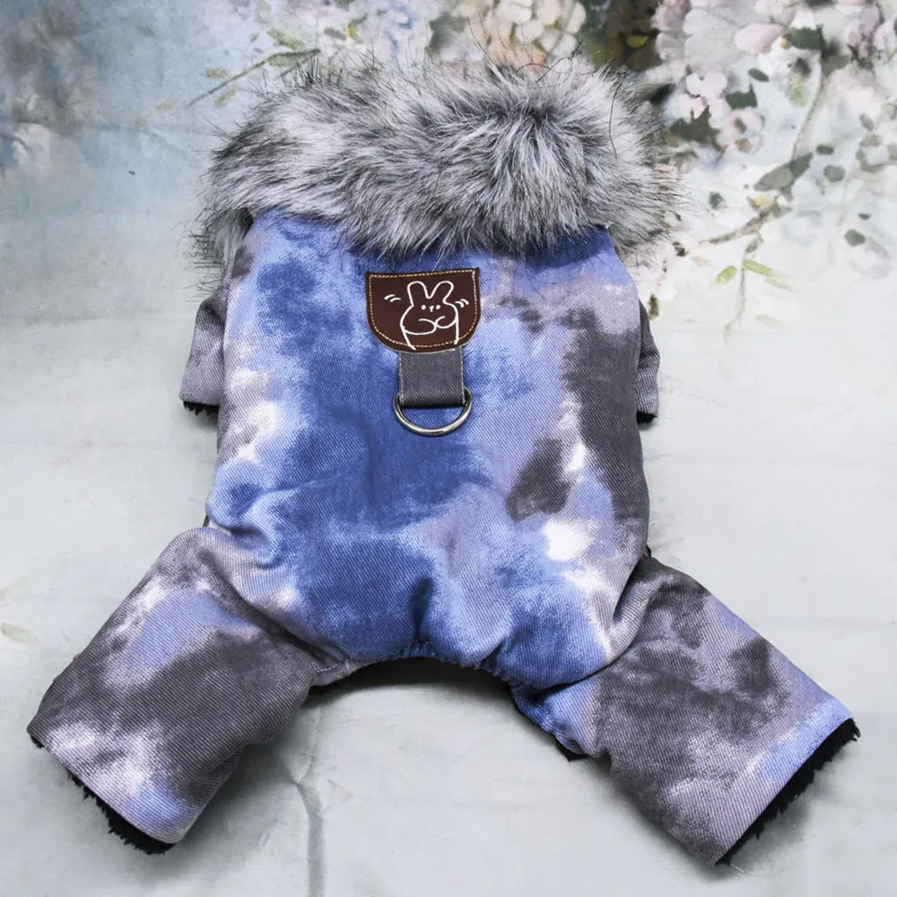 Four legged Jeans pet cotton padded clothes dogs Clothing belt traction hole go walk dog coat shop online wholesaler