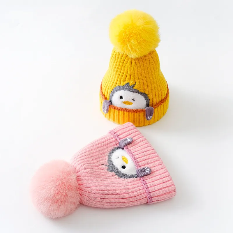 Cartoon Cute Plush Warm Wool Kids Knit Knit Winter Beanie Hat With Pom Pom Beanie Hat