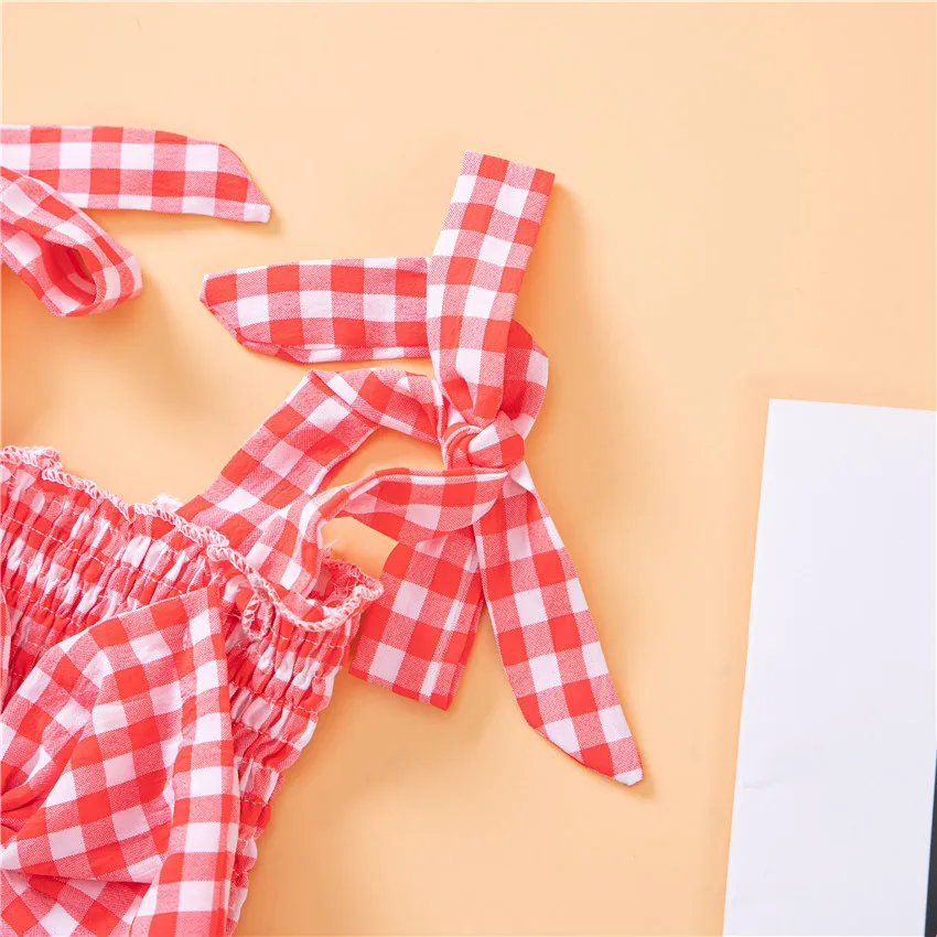 Summer Girls Clothing Sling Suit Plaid Top Denim Shorts Two Piece Set Sweet And Lovely Clothes