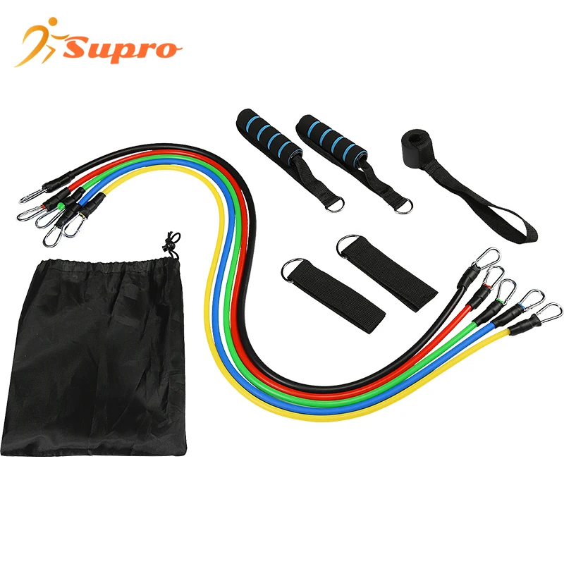 Supro Manufacture Hot Sale Custom Heavy Workout Latex Fitness 11pcs Resistance Bands Set