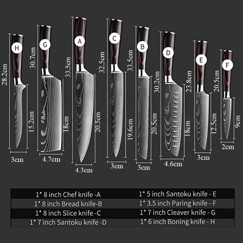 Набор кухонных ножей из японской нержавеющей стали для шеф-повара, инструмент сантоку для нарезки, набор ножей с лазерным узором, 8 шт. ножей из дамасской стали