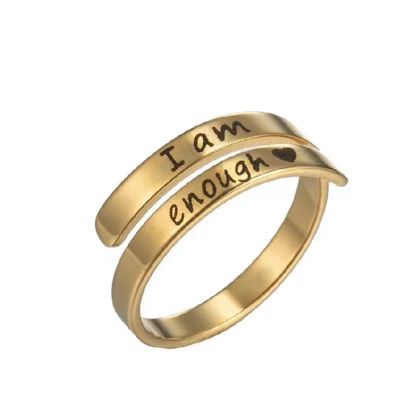 Inspirational 18k Gold Silver Plated Laser Engraved I AM ENOUGH Woman Adjustable Stainless Steel Rings Jewelry