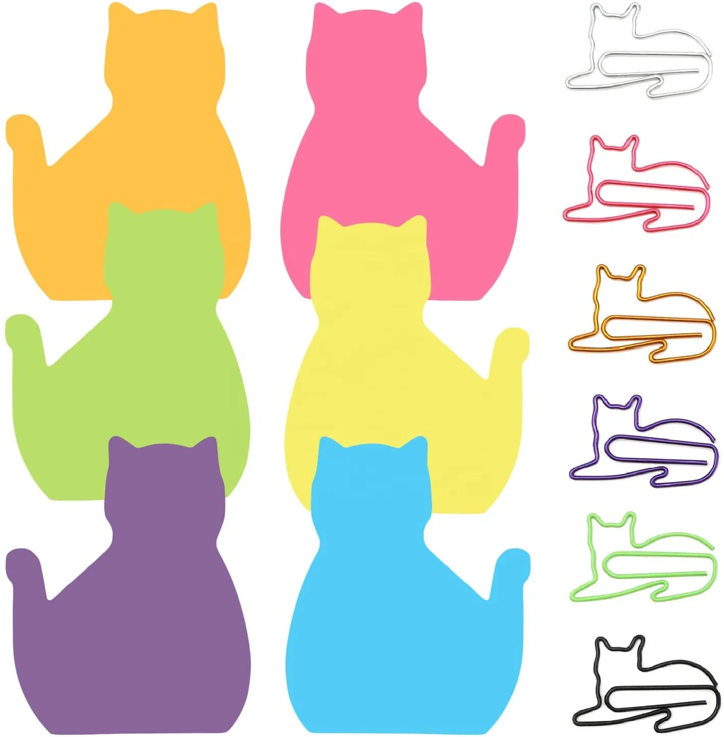 Cat Paper Clips and Silhouette Cat Shaped Sticky Notes Set Office Desk Accessories