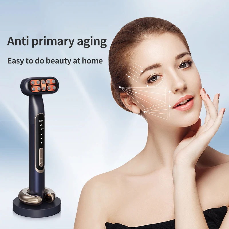 EMS Micro-Current 180 Rotation 9 LED Color Electric Eye Massage Wand Reduce Fine Lines Improve Dark Circles Charging Base