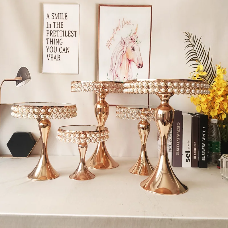 luxury Crystal pearl Gold Plated cake stand round metal Cup cake Stand Mirror Birthday Party Dessert Display Wedding Decor