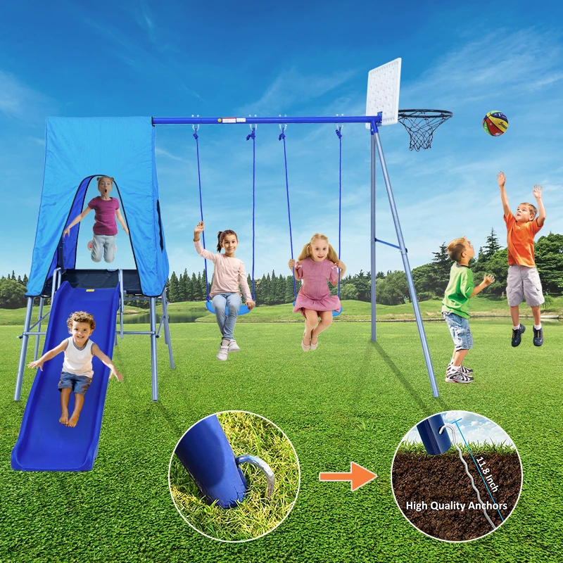 Outdoor Standing Children Slide Glider Metal Two Seats Swing Set With Seesaw Seat Playground