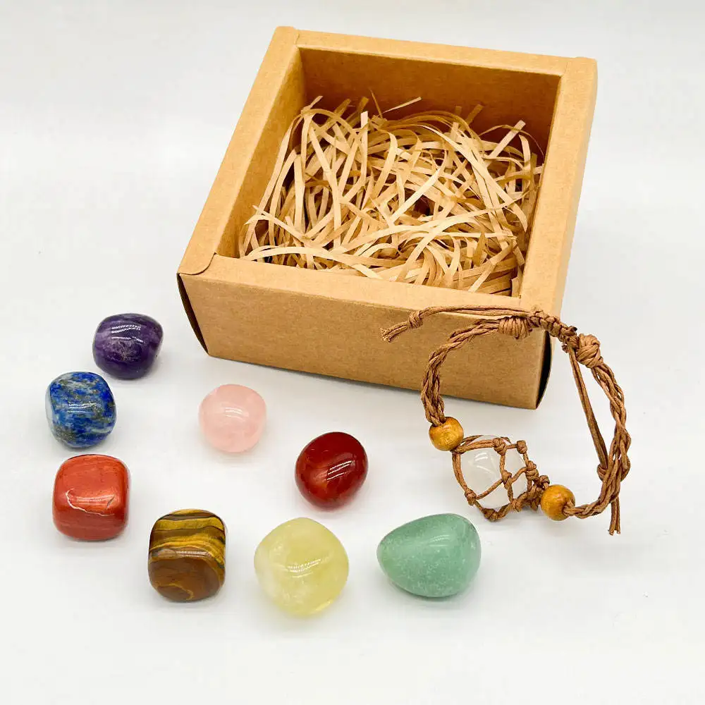Adjustable Natural Crystal Stone Cage Cord Bracelets Necklace Empty Crystal Pendant 7 Chakra Tumbled Gem Stones Bracelets