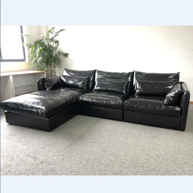 Delivery within 2 days black High quality cow leather L shape sofa sets living room furniture