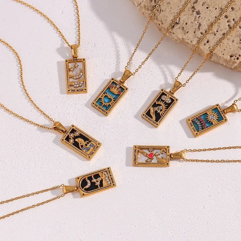 China Factory 18K Gold Plated Stainless Steel Pendant Necklace Square Colorful Enamel Zircon Tarot Cards Vintage Link Gift