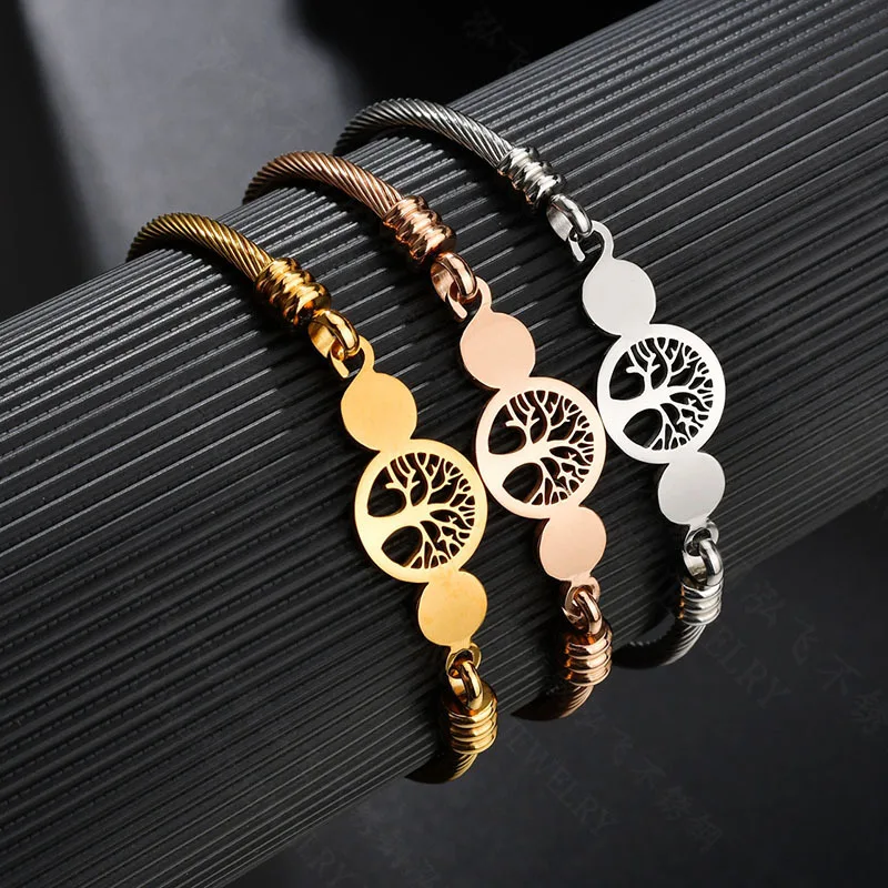 Kingcome Fashion Gold Steel Wire Lucky Tree Bracelet Jewelry Engraved Stainless Steel Hollow Tree Of Life Bangle Bracelet