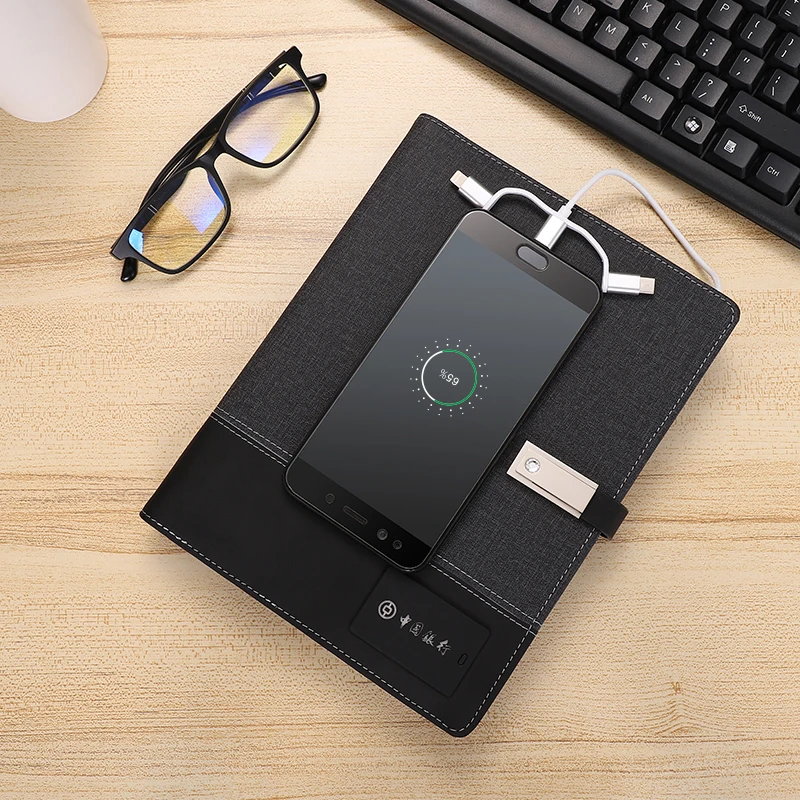 Lork Custom LED свет логотип блокнот с USB беспроводное зарядное устройство Power Bank записная книжка A5 дневник