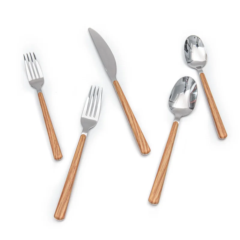 Wooden color plastic handle fork spoon knife dinner stainless steel flatware set for restaurant party hotel