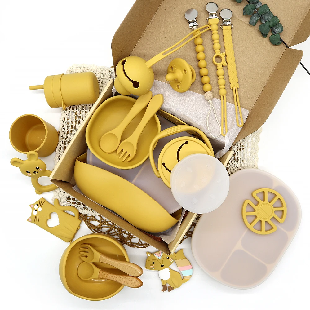 Washable Food Grade Silicone Teether Silicone Baby Bibs Soft Silicone Plate Toddler Bowl Set Waterproof