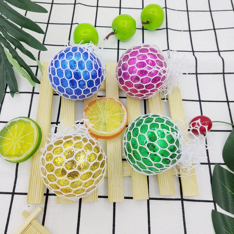 6.0CM Sequin TPR Gold powder Grape Ball Custom Kids Mesh Water Beads Vent Grape Toy Fidget Stress Ball
