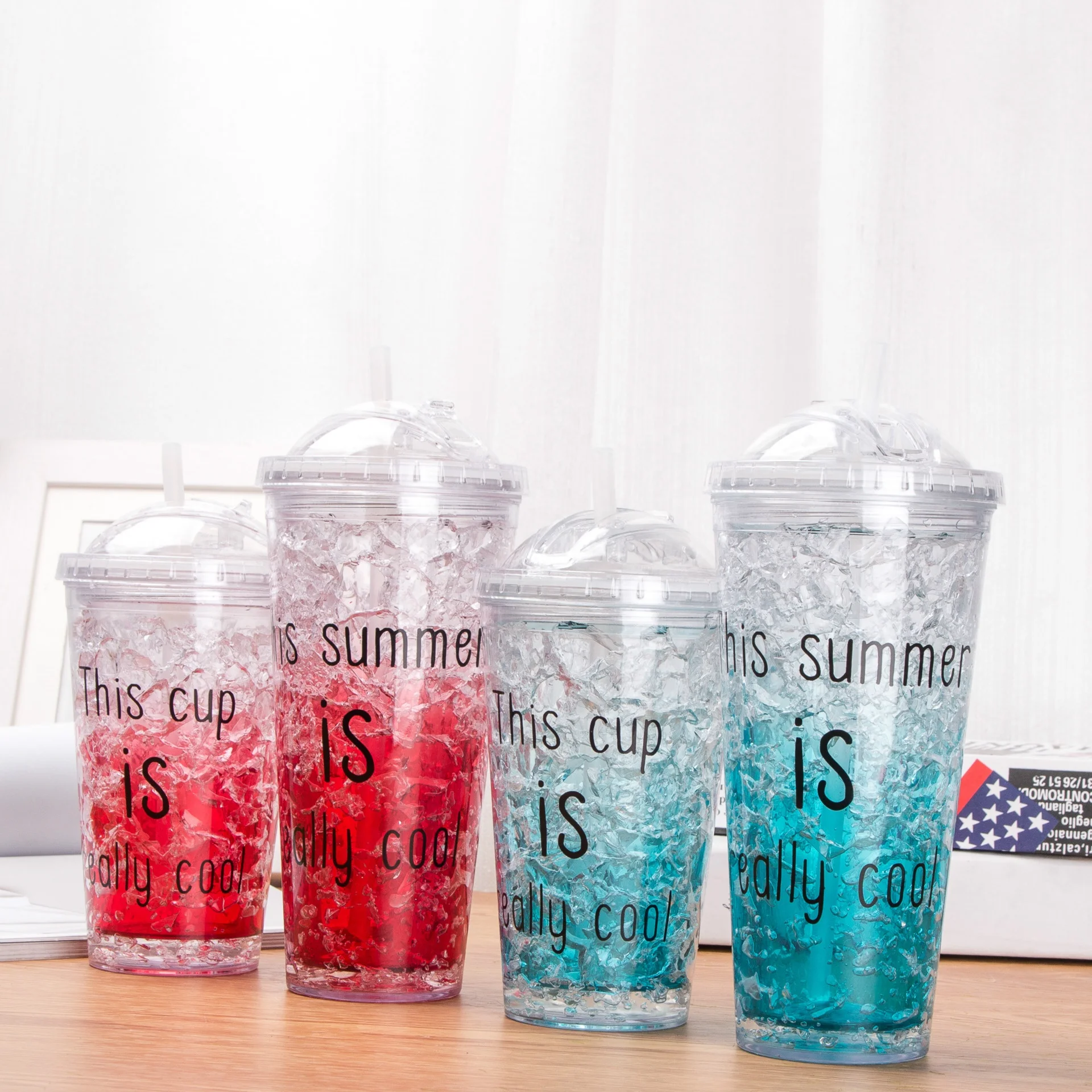 hot selling beach Freezing Gel ice cream cup wholesale reusable custom logo plastic cup with lid and straw