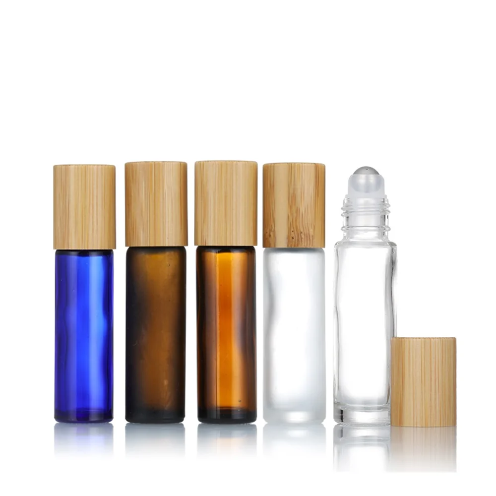 5ml 10ml frosted transparent amber brown essential oil glass roller bottle bamboo lid roll on perfume bottle