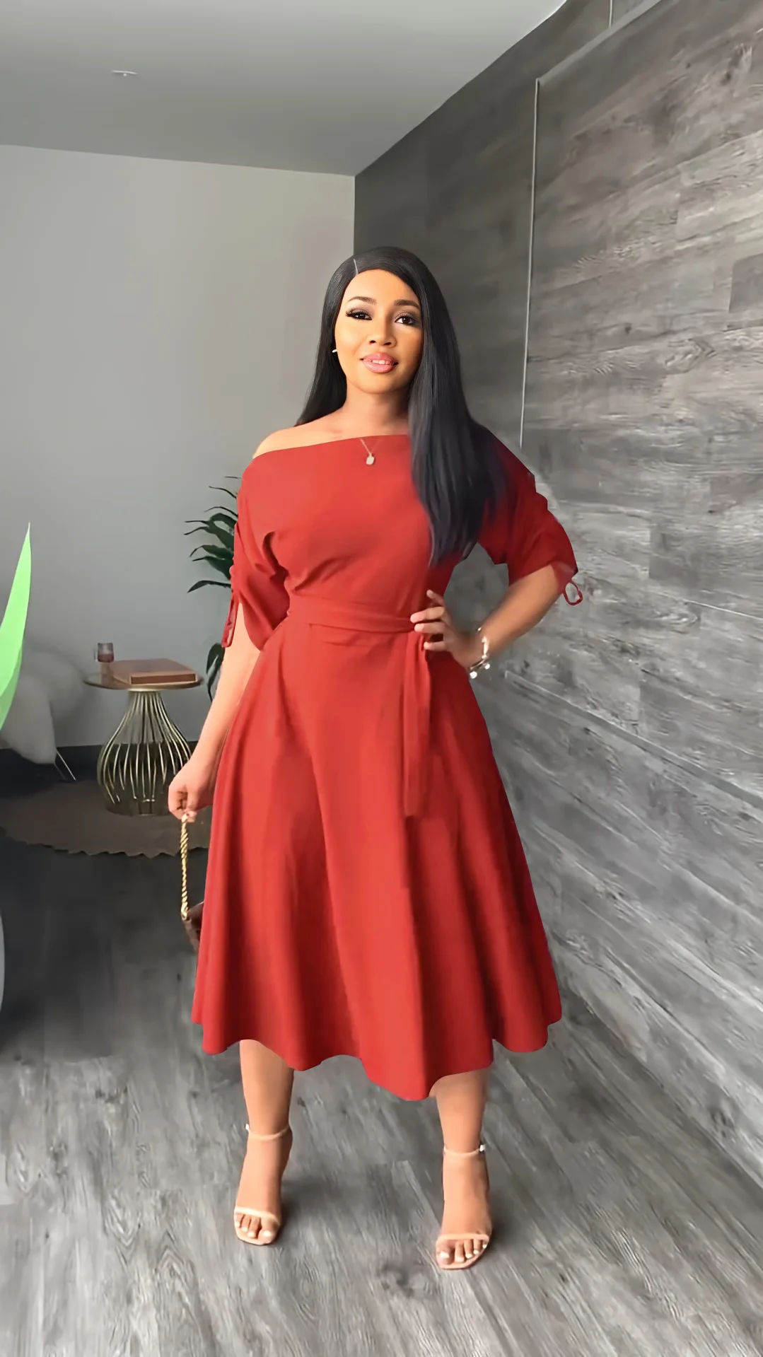 Orange Pleated Bare Shoulder Waist Belt Long A Line Lady Casual Dress