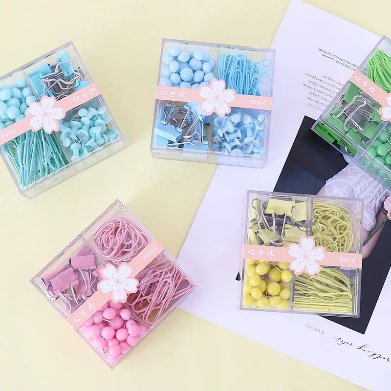 High quality office school colored cute metal assorted paper binder clips pins with storage box stationery accessories gift set