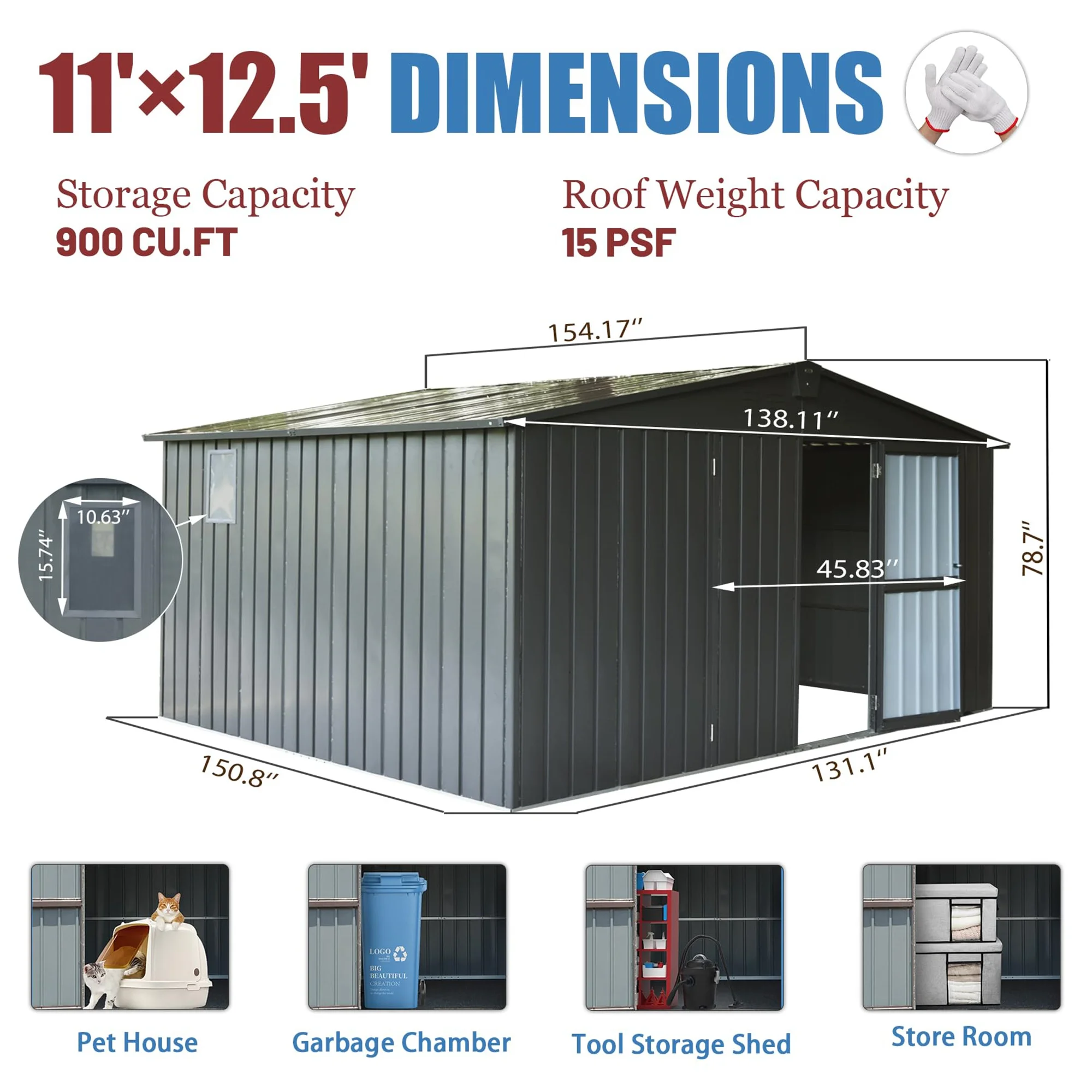 11 * 12.5 FT Outdoor Garden Shed Metal Utility Tool Storage Room with Lockable Door for Patio(Dark Gray)