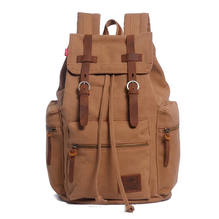 Retro Vintage Style Back Pack Durable Leather Canvas Drawstring Closure Travel Rucksack Backpack for Men