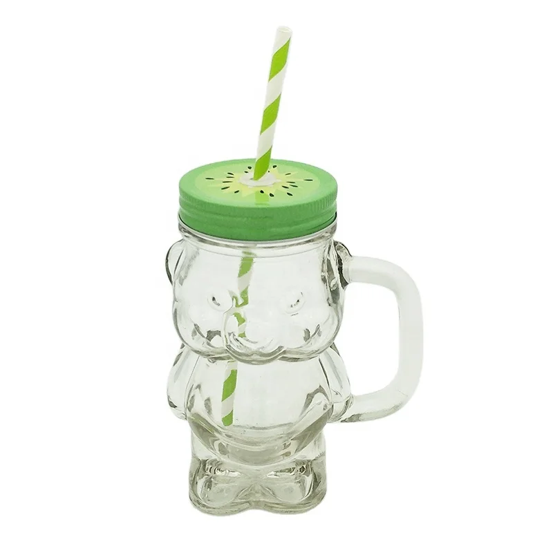 12oz 360ml bear shaped glass mason jar with handle and straw