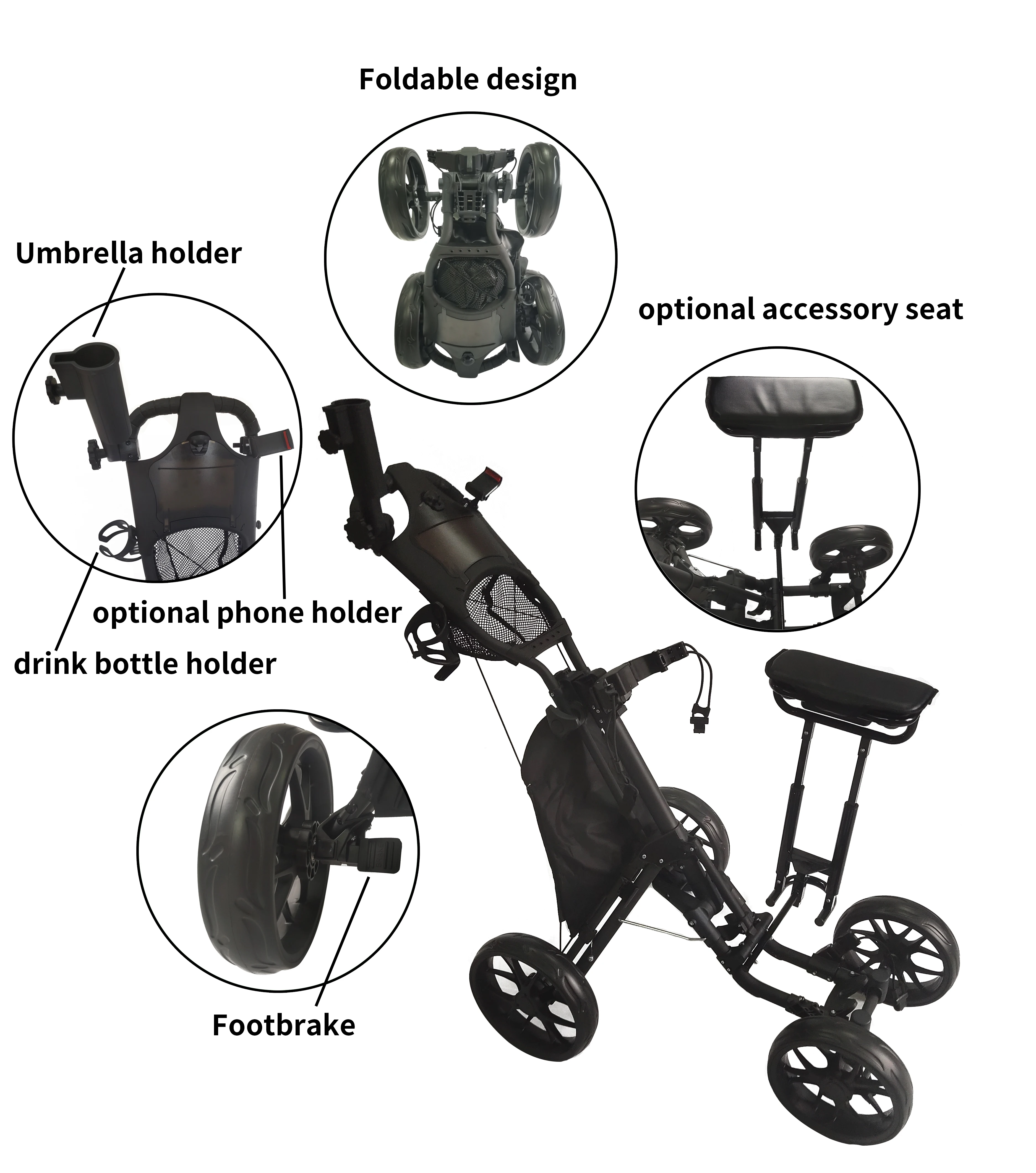 Factory Hot Selling 2 3 4 Wheels Push Golf Trolley Electric Custom Your Logo Quick Open  Foldable Push Golf Trolley Cart