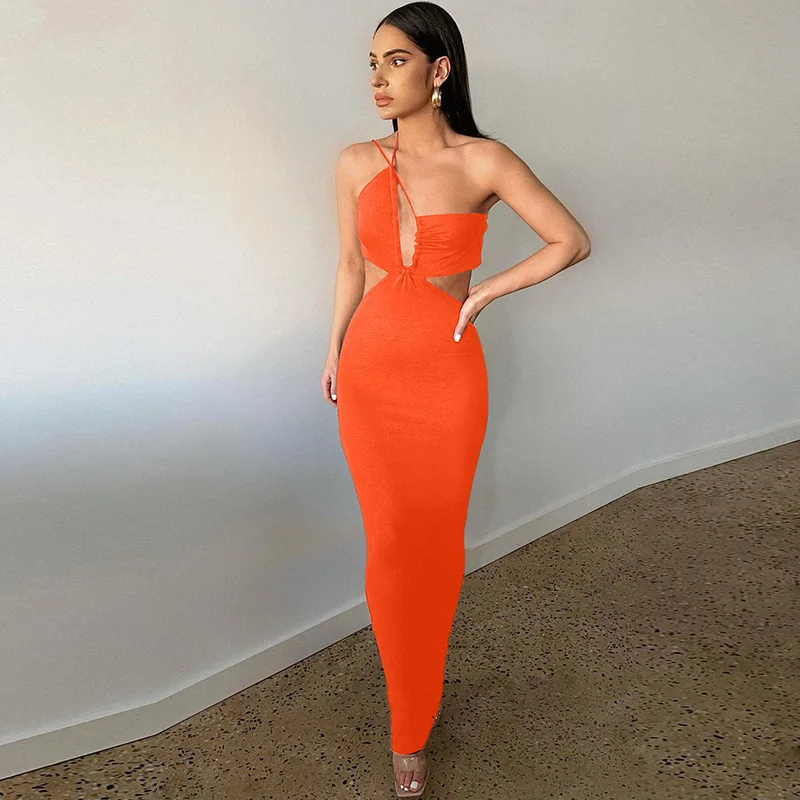 2022 Summer New Fashion Sexy Hollow Open Back High Waist Pleated Bandage halter strap Slim Casual Women Dresses