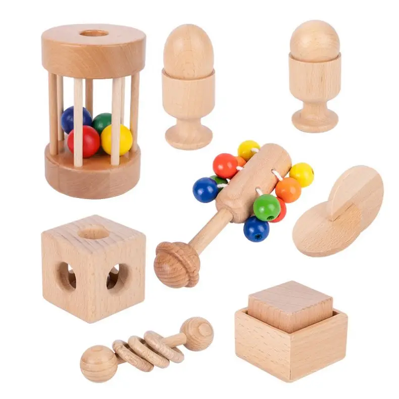 Factory   Baby Montessori Toy Set Wooden Hand Bell Rattle Sensory Teether Music Rattles Educational Learning Toys for Kids Gift
