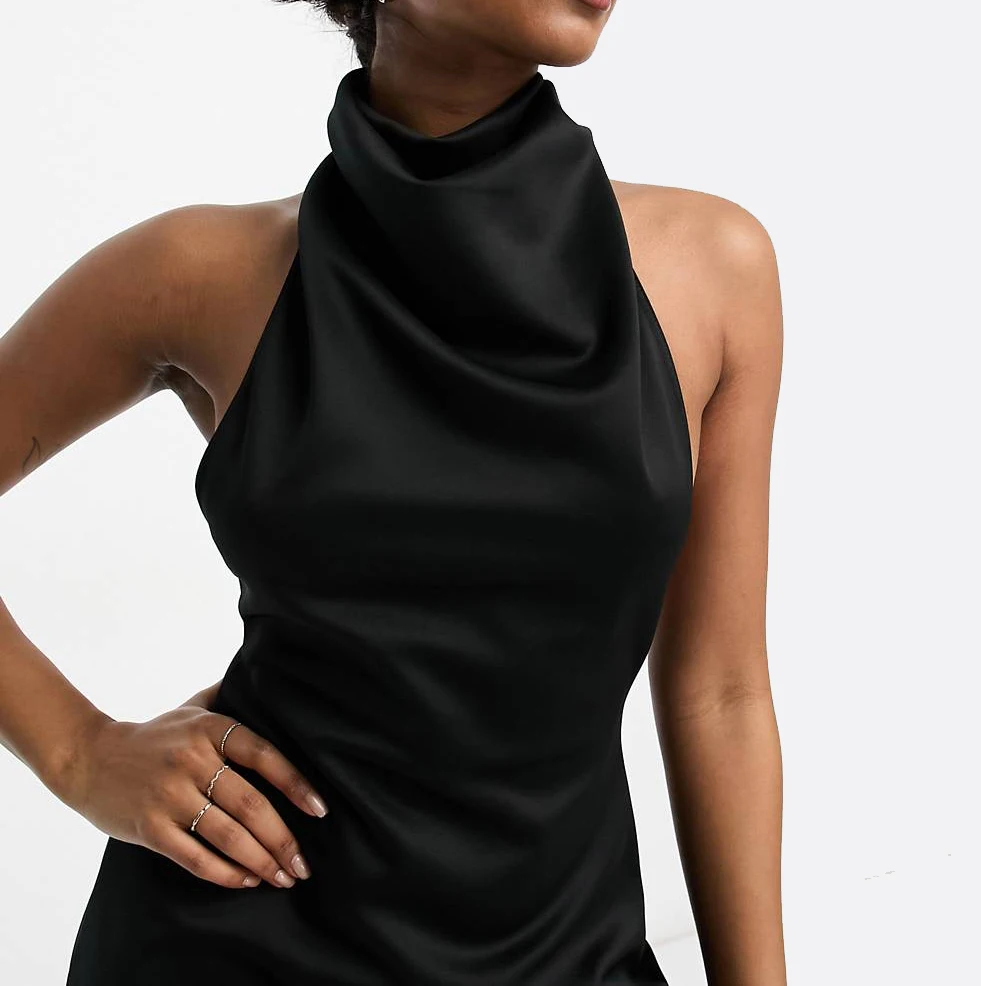 Grammable High Neck Drape Detail Buttoned Halter Bodycon fit Drape a Line Sexy Satin Dress in Black Backless Mini Dresses