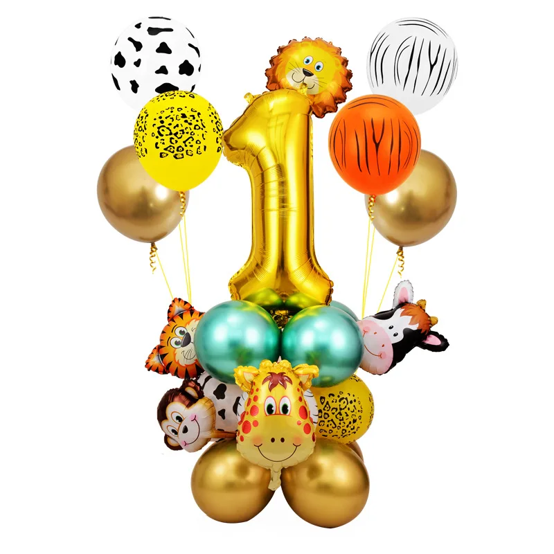 
New Design Jungle Forest Animal Shape Foil Balloon Kids Birthday Theme Party 1st Year Birthday Number Balloon Set 