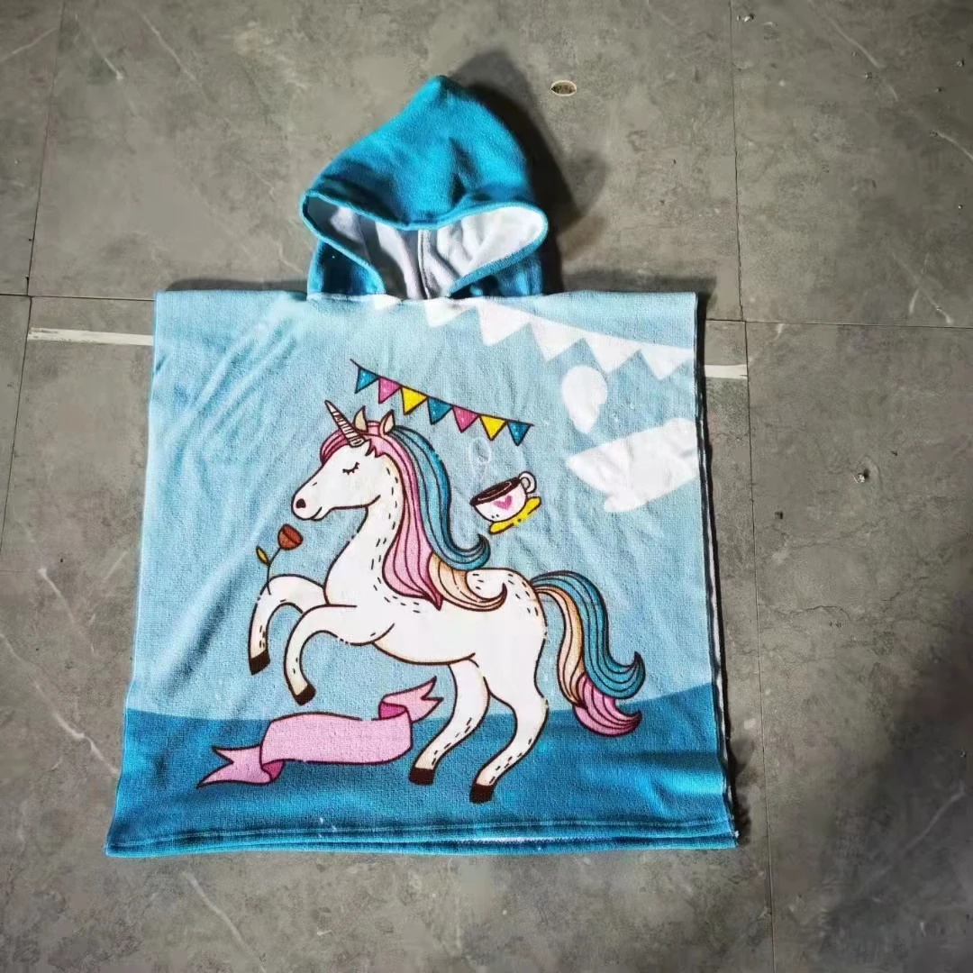High Quality Microfiber Kids Cartoon Print Beach Children Beach Poncho Kids Hooded Beach Poncho Towel