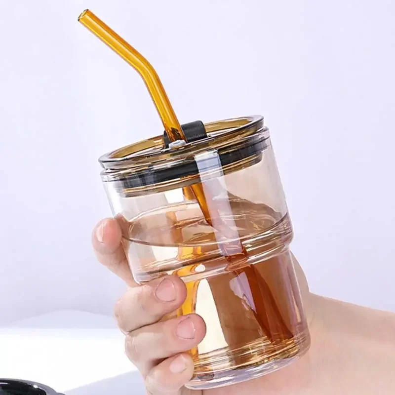 New Wholesale Luxury Customize Logo Transparent Glass Thermal Insulation Leather Layer Coffee Mug Water Cup With Lid and Straw