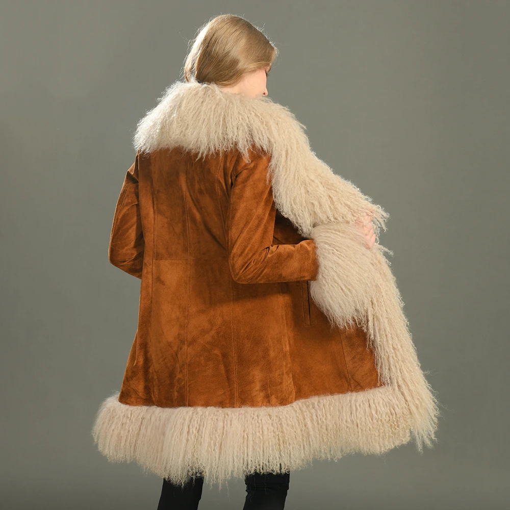 Fashion Luxury Genuine Sheep Leather Trench Coat Big Real Mongolian Lamb Fur Collar Custom Winter Suede Leather Coat for Women