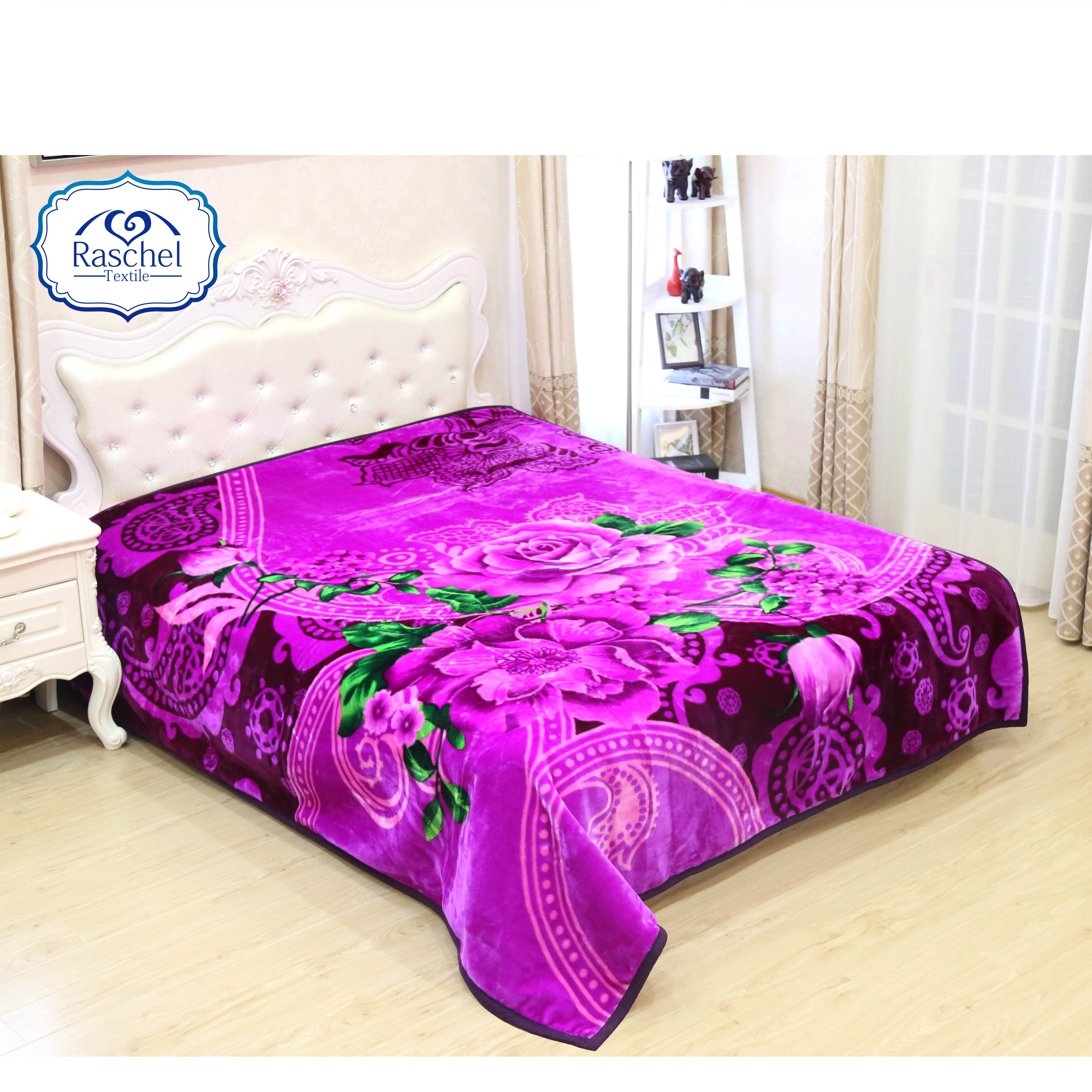 100% polyester wholesale Flower design embossed one ply raschel mink blankets