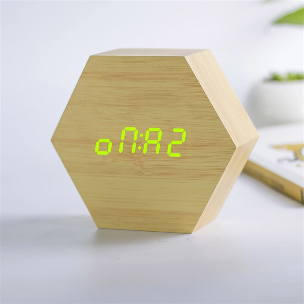 Marble Pattern table led number clock Digital Wooden LED Temperature Alarm Clock Wood Retro Glow Desktop Clock